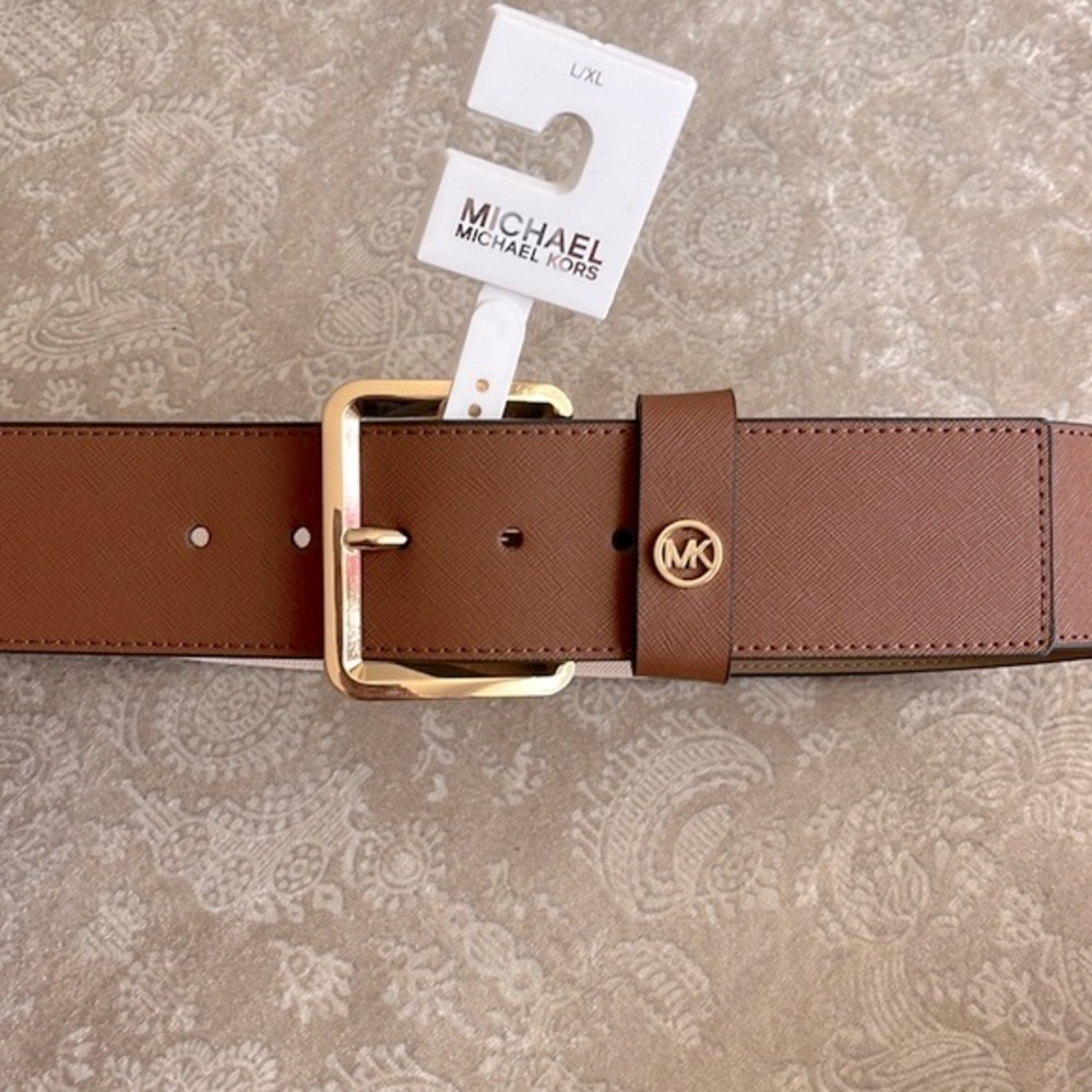 Brand New Michael Kors Genuine Leather Wide Strap Belt Elastic Stretch Cognac - Picture 3 of 15